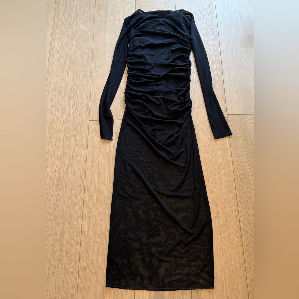 NWOT ZARA Sheer Ruched Maxi Dress Built-In Bodysuit Long Sleeve Mesh Black - Picture 7 of 7